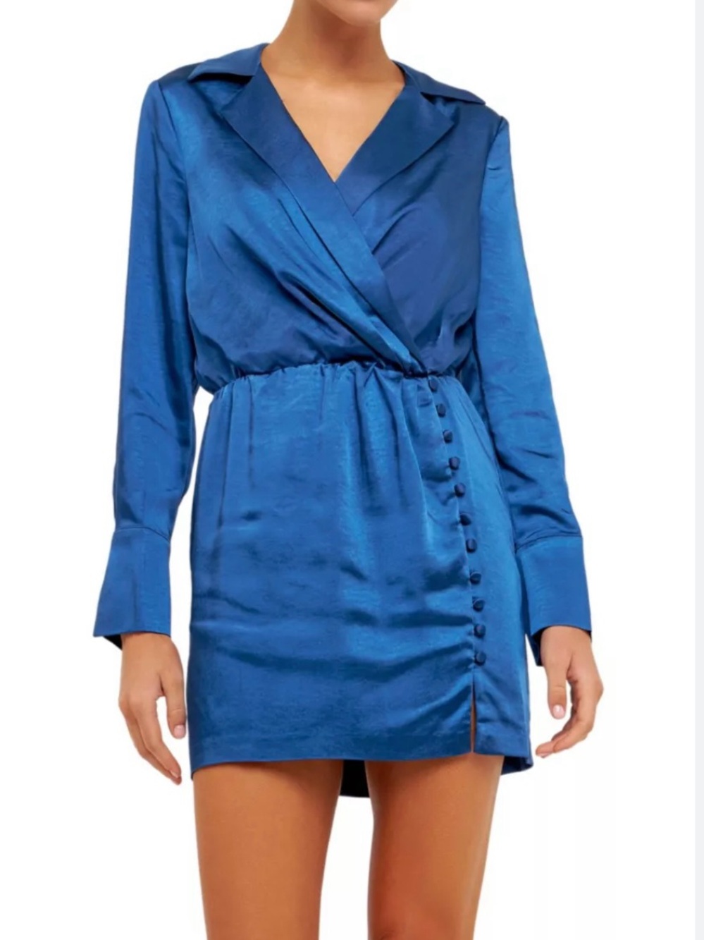 Endless Rose Satin Wrap Long Sleeve Mini Dress in Blue
